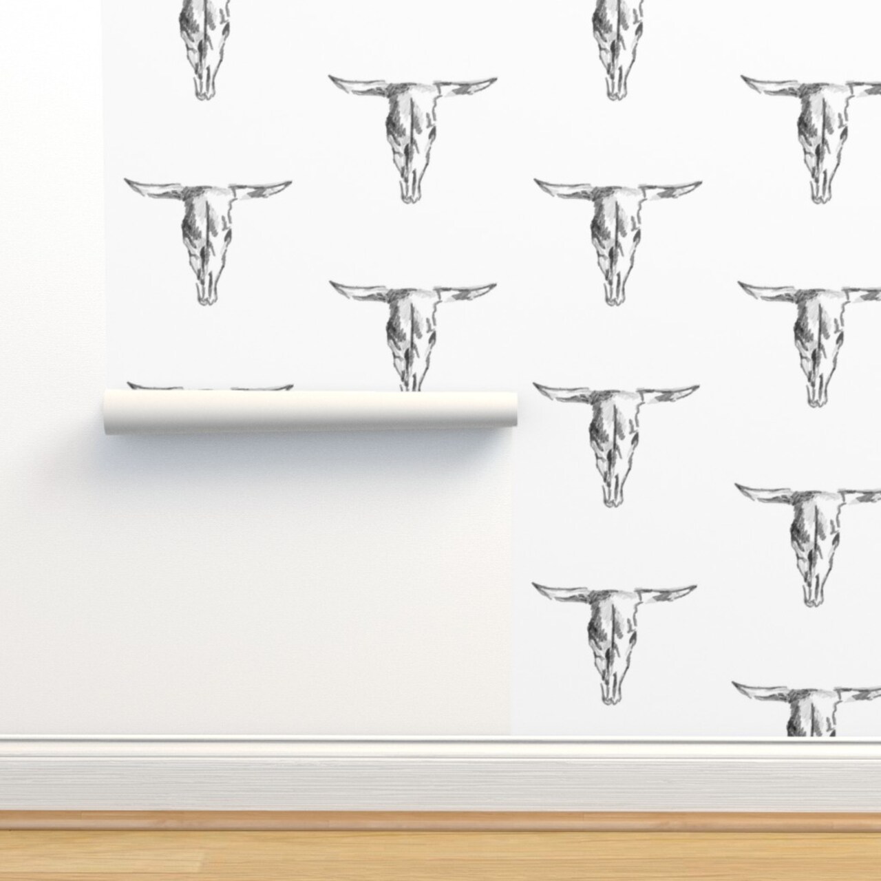 Cow Skull Bull Black And White Western Cowboy Rustic Custom Pre-pasted Wallpaper by Spoonflower Pre-Pasted Wallpaper 2FT Wide